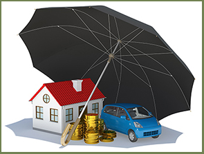 Image of umbrella over house, care and stack of coins